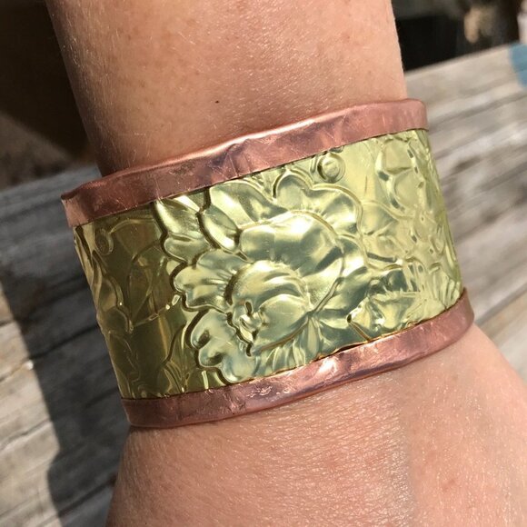 Rose Brass Copper Cuff Bracelet Wide Bohemian Floral Statement Unisex Cowboy - Picture 8 of 9